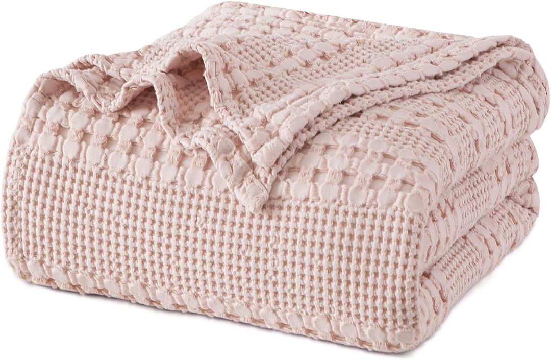PHF 100% Cotton Waffle Weave Blanket Queen Size for Bed, Soft Lightweight & Breathable, All-Season Comfort, Luxury Aesthetic Christmas Blanket for Home Decor, 90"x90", Pink/Mauve