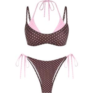 ZAFUL Women's Polka Dot Bikini Set Double Layer Halter Swimsuit Colorblock Side Tie 2 Piece Bathing Suit (L)