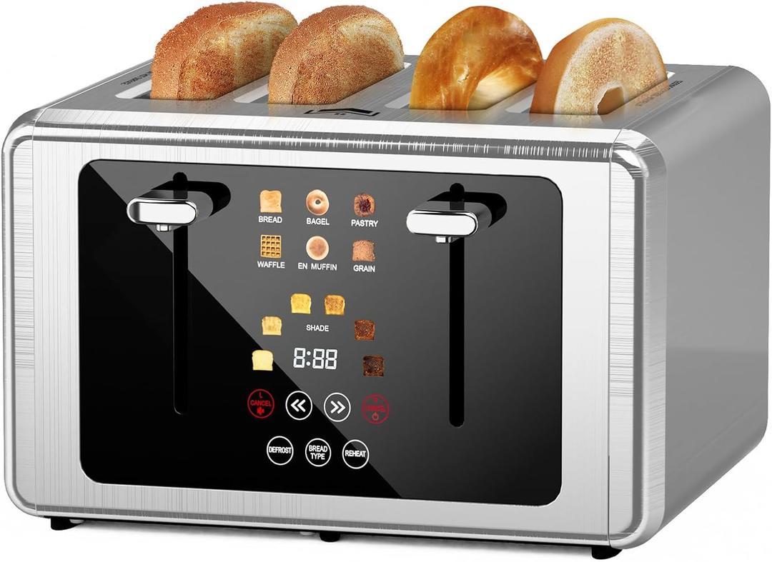 4 Slice Toaster, Touchscreen & Dual Independent Control Panel5 Basic Functions & Digital Countdown Toasters, 6 Shade Settings6 Bread Types, Smart Bread Maker Mute/Screen-Off,Brushed steel