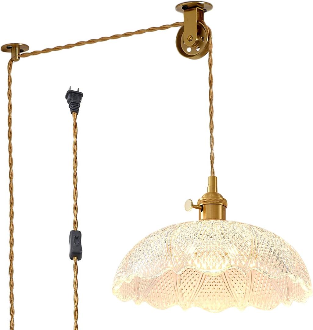 Hanging Lamp Plug in,Braided Adjustable Light Cord Plug in Pendant Light 9.8 Inch Glass Lampshade Hanging Ceiling Light Kitchen Island Pendant Lights for Bedroom with Light Bulb