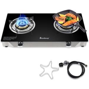 2 Burner Propane Gas Stove, 29,000 BTU High-Efficiency Auto Ignition Heavy-Duty Tempered Glass Cooktop, Includes CSA Regulator & Hose, for Outdoor Camping & Emergencies
