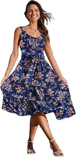 YESNO Women's Summer Casual Sleeveless Midi Dresses Boho Floral Tiered Sundresses with Pockets, Large