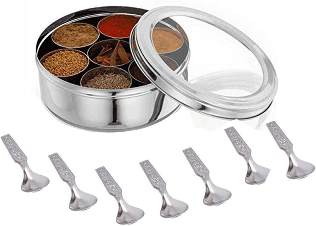 Stainless Steel Spice box with Non Breakable Transparent glass,Stainless Steel Spice Box with 7 container and 7 Small Spoons,Spice Box,Size 12 No,Color-Silver