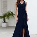 FQA Formal Evening Dresses for Women Elegant Evening Party Prom Dress Long Sexy V Neck Sleeveless Split Wrap (Blue)