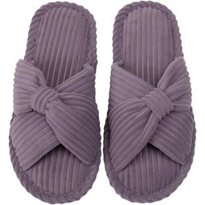 Enteer Women's Corduroy Bow Memory Foam Slippers, Open Toe Cross Band Non-Slip Indoor Outdoor House Slippers