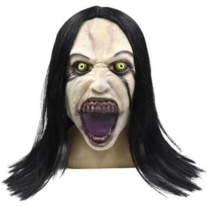 Scary Mask for Women, Horror Crying Woman Mask with Wigs, Halloween Costumes Mask, Quality Latex Full Head Mask, Ideal for Halloween Scary Costumes Cosplay Dance Masquerade Party One Size Fit Most