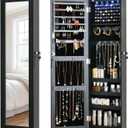 Full Length Mirror Jewelry Cabinet Organizer Lockable Door Wall-Mounted Jewelry Armoire with Shelves and Behind the Door Storage Black