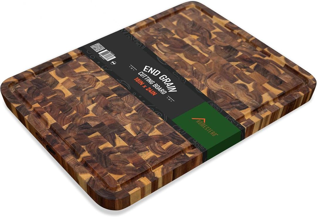 HOMESTEAD End Grain Cutting Board 23 x 18in - Acacia Wood Cutting Board for Kitchen with Juice Groove and Handles, Butcher Block 1.5-in Thick (23"L x 18"W)