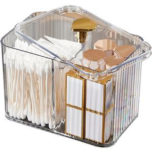 Qtips Holder Bathroom Container,3-Section Cotton Ball/Swabs Dispenser,3 Grids Apothecary Jar Organizer, Cosmetics Storage for Vanity