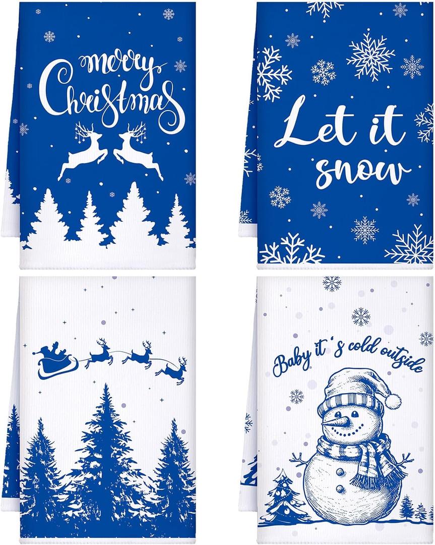 Sratte 4 Pcs Blue Christmas Kitchen Towels 16 x 24 Inch Merry Christmas Hand Towels Winter Let It Snow Snowman Dish Cloths Absorbent Xmas Tea Dishcloths for Home Bathroom Xmas Kitchen Decor