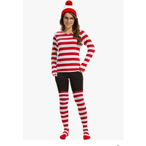 4PCS, Red and White Striped Shirt Adult Women Costume Shirt Glasses and Hat Socks Suit for Halloween Party., XL