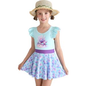 One Piece Swimsuit Skirted Girls Pearl Shell Mermaid Short Sleeve Swimwear 5t 5-6 Years Little Girls