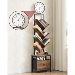 HIGDBFE 6 Tier Tree Bookshelf with Clock and Fabric Drawer, Small Narrow Bookcase, Tall Floor Standing Book Shelf for Bedroom, Living Room, Home Office, Rustic Brown