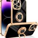 Dinick Designed for iPhone 14 Pro Case with Ring Holder Soft TPU Bumper Glitter Plated Slim Cover for Women Men Finger Stand for iPhone 14 Pro Case Black and Gold