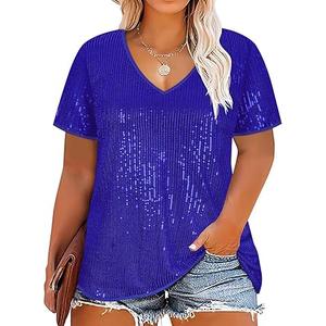 CARCOS Plus Size Sequin Top for Women Short Sleeve Party Blouse Evening Sparkle Shimmer V Neck Glitter Shirt Ladies XL-5XL, 2XL, blue