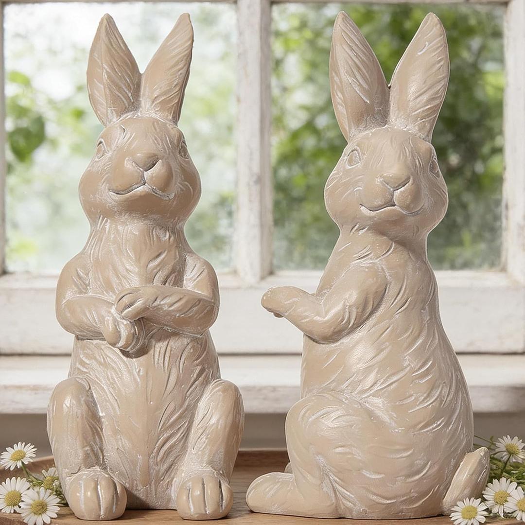DN DECONATION Easter Decorations Bunny Figurines Set of 2 - Rabbit Statues Farmhouse Spring Home Decor, Light Brown Resin Easter Tabletop Rustic Decor for Shelf, Mantel, Coffee Table (Beige and White)