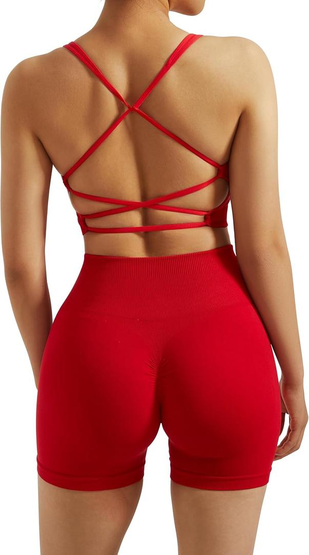 RXRXCOCO Seamless Workout Sets for Women 2 Piece Strappy Sports Bras Scrunch Butt Booty Shorts Matching Yoga Tracksuits (Medium, Red)
