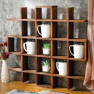 Suzile Oversized Coffee Mug Display Rack Wooden Display Shelves Rustic Wooden Floating Curio Shelf Travel Wall Mounted Coffee Mug Rack Holder Shadow Box Shelf (Grid Size 5.1x5.1x3in, Rustic Brown)