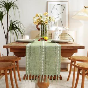 Rustic Farmhouse Style Linen Table Runner, Boho Handmade Tassel Embroidered Table Runners 60 Inches Long for Holiday Party, Christmas and Dining Decorations, 13 inchW X 60 inchL - Sage Green