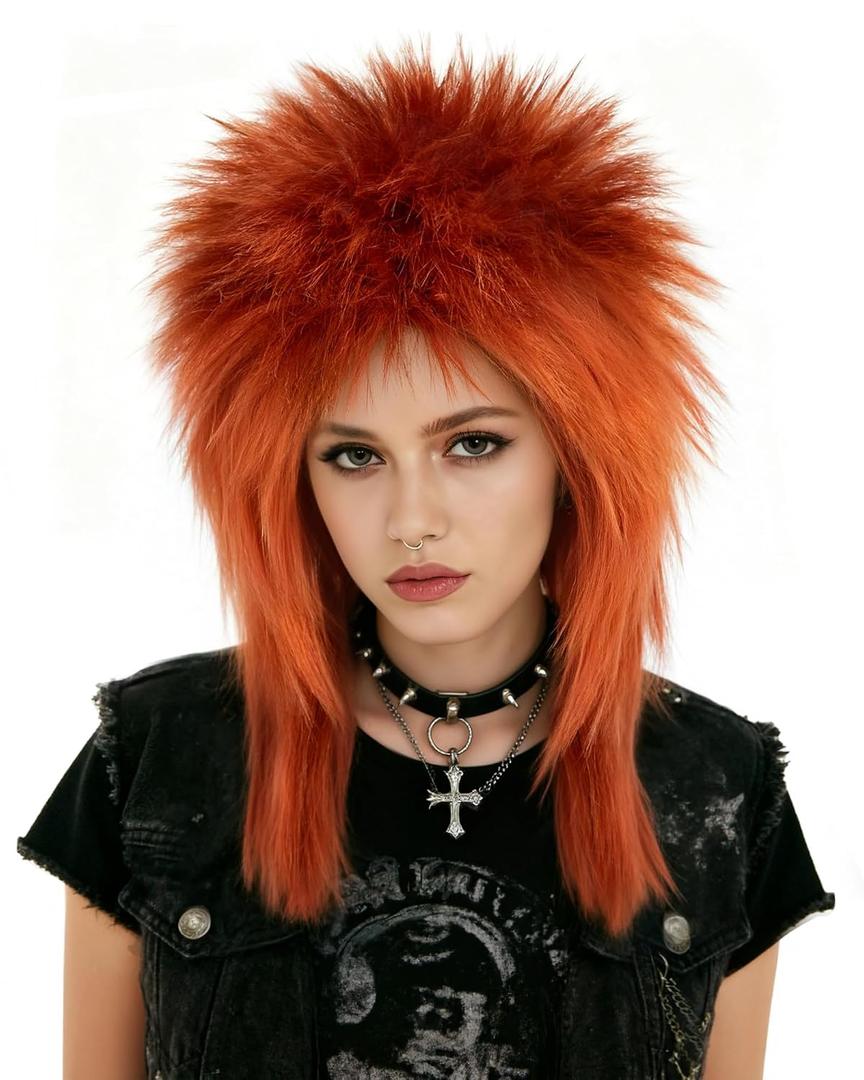 BESTBEL+Hair Cap 80s Rocking Diva Wig 70s Long Orange Mullet Wig Ginger Wigs for Women Long Spiky Wigs with Bangs Rocker Anime Funny Hair for Halloween Cosplay Womens Cosplay Outfit for Costume Party