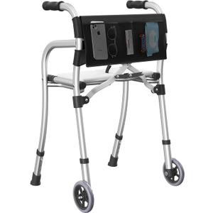 Walkers for Seniors, Folding Standard Walker with Seat, Lightweight Aluminum Mobility Rolling Walker for Seniors and Adults, Compact Travel Walker Height Adjustable, Supports 350 lbsOnly 8LBS (Silver)