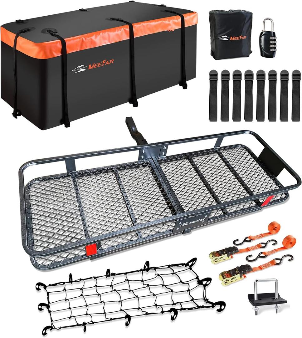 MeeFar Folding Hitch Mount Cargo Carrier Basket 60" X 20" X 6"+Waterproof Cargo Bag 16 Cubic Feet(58" 19" 24"),Hauling Weight Capacity of 500 Lbs and A Folding Arm. with Hitch Stabilizer, Net and Straps