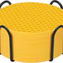 Silicone Coasters Set of 8 with Holder, Drinks Coasters, Beer & Coffee, Suitable for All Cups, Hot or Cold, Anti-Slip, Non-Stick, Anti-Overflow Tabletop Protection and Decor (8 Pcs, Yellow)