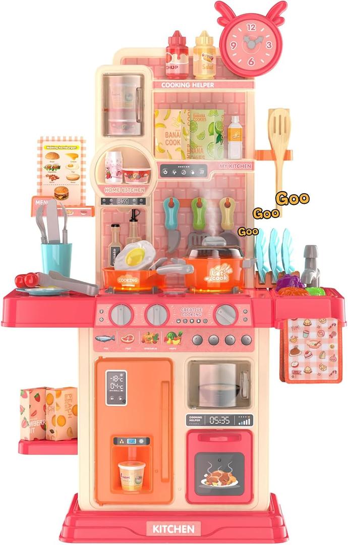 Play Kitchen for Toddlers, Kids Kitchen Playset Toddler Girl Toys with Cooking Stove Steam, Sink and Food Pretend Cooking Set Toy for 3 4 5 Year Old Kid Birthday (Red), Large