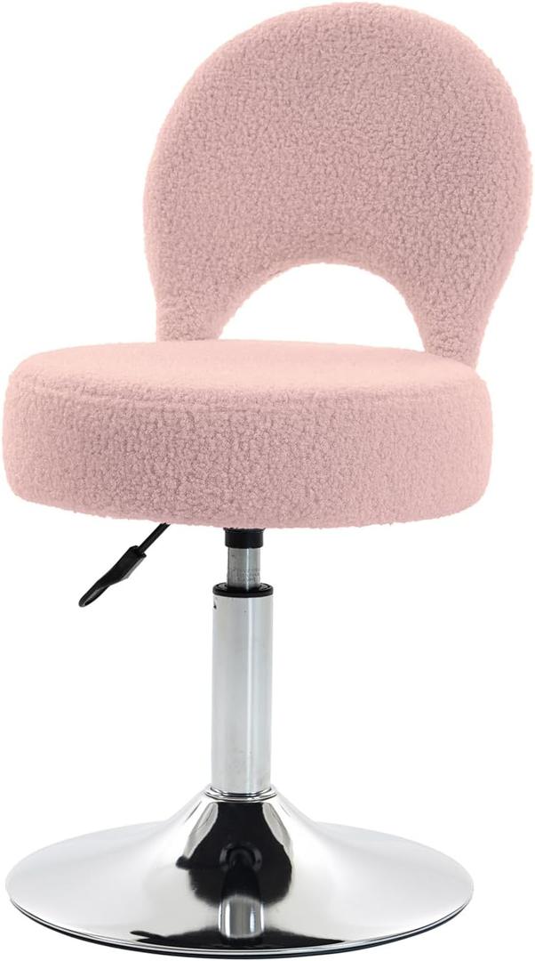 Adjustable Small Vanity Chair, 360 Swivel Vanity Stool with Folding Back for Teenager, Comfy Teddy Ottoman Stool for Bedroom, Dressing Room, Small, Pink