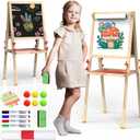 JOYOOSS Art Easel for Kids Ages 4-8 Easels for Toddlers,Toddler Art Kids Easel Adjustable Wooden Magnetic Whiteboard Chalkboard for Kid Dry Erase Board Easel for Toddlers 3-4 Years Dual-Sided Drawing (Red)