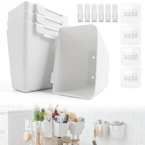 4 Pack Rolling Cart Accessories, White Craft Cart Cup Holder and 6 Hooks for Utility Carts Accessories, Adhesive Kitchen Cabinet Door Storage, Space-Saving Wall Mount Organizer for Bathroom, Office