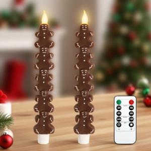 Crystal Club Christmas Flameless Taper Candles with Remote, Carving Gingerbread Men Battery Operated Flickering LED Candlesticks for Holiday Party Decor, Table Centerpiece, Set of 2