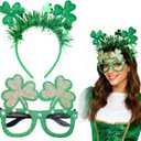 St. Patricks Day Decorations, 2 Pack Glitter Shamrock Headband & No Lens Eyeglasses Set for Saint Patricks Day Party Favors, Women Men Adults Festival Accessories