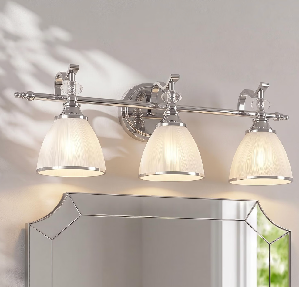 ANDY STAR Bathroom Light Fixture, 3-Light Bathroom Vanity Light Brushed Nickel, Vintage Wall Sconce with Hand-Painted Frosted Lampshade, Polished Chrome, Living Room, Restroom