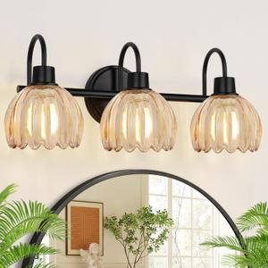 Bathroom Light Fixtures, 3-Light Black Vanity Light with Ribbed Amber Tulip Glass Shades, 20-Inch Bathroom Lighting Over Mirror for Bedroom, Living Room, Hallway (Bulbs Not Included)