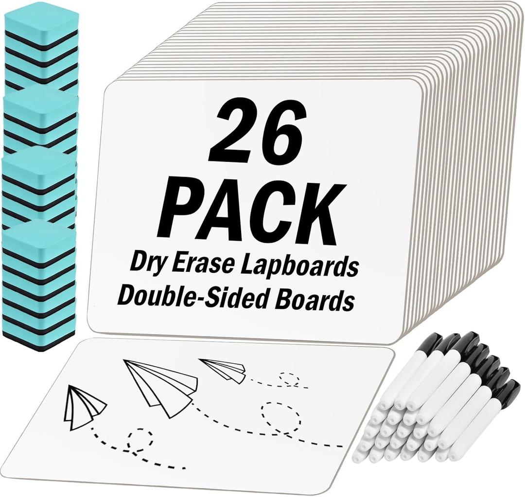26 Pack Small Dry Erase Boards Classroom Pack 12 x 9 Inch Double Sided Mini White Boards Dry Erase LapBoards for Teacher Supplies with 26 Erasers and 26 Markers