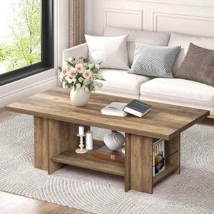 FOLUBAN Wood Coffee Table, Modern Center Table for Living Room with Bottom Storage Shelf & Side Shelves, 2-Tier Rectangle Cocktail Tea Table for Home Decor, 47 Inch, Rustic Oak, 47.2 Inch