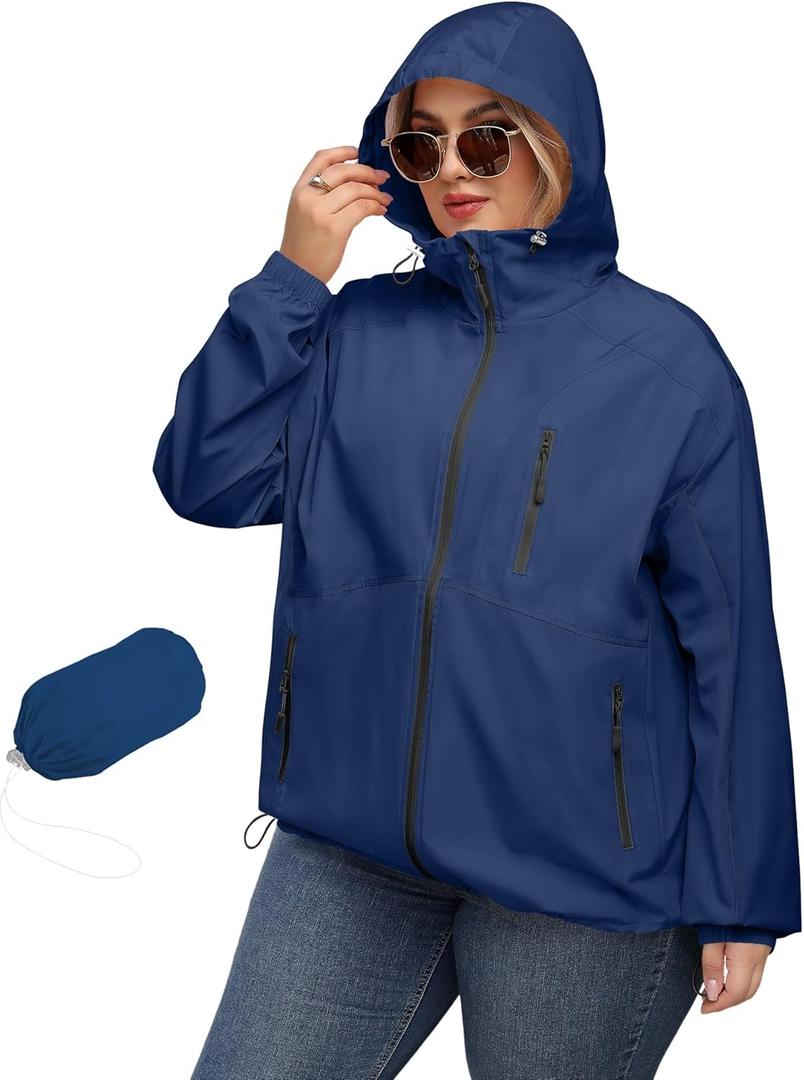 Avoogue Plus Size Womens Rain Jacket with Hood Waterproof Raincoats Lightweight Packable Outdoor Trench Coat (3X-Large Plus, Navy Blue)