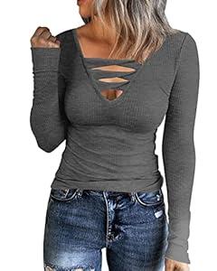 Women Casual Long Sleeve Tunic Tops V-Neck T Shirts Criss Cross Ribbed Casual Tee Slim Fitted Fall Blouse (X-Large, Dark Grey)