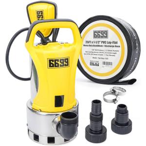 1.5HP Sump Pump Submersible Water Pump with 25FT x 1-1/2” Backwash Hose Up to 6500GPH Stainless Steel Utility Pump Drain Water from Pool Basement Sump Pit Garden Pond Hot Tub SUB 6500SS KIT