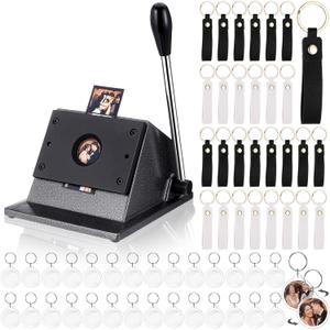 61 Pcs Button Keychain Photo Cutter Photo Booth Keychain Station DIY Kit Bulk 35mm Circle Cutter 30 Double Sided Acrylic Frame Keyring 30 PU Leather Keychains for Wedding Birthday Party Gift