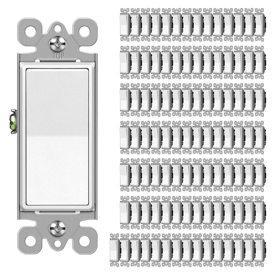 CML Matte White Decorator Rocker Paddle Light Switch, 100 Pack Single Pole Wall Switch, 15A 120/277V, On/Off Interrupter, UL Listed