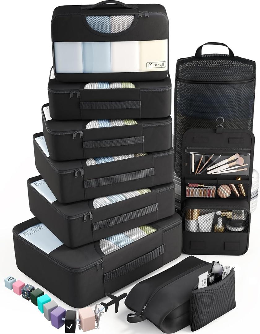 Veken 10 Set Packing Cubes for Travel Essential, Suitcase Organizer Bags in 4 Sizes, Carry-On Luggage Accessories with Large Laundry & Hanging Toiletry Bag, Must-Have for Airplane, Road Trip & Camping (01 Black)