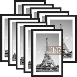 upsimples 11x17 Picture Frame Set of 10, Display Pictures 9x15 with Mat or 11x17 Without, Multi Photo Frames Collage for Wall Display, Black