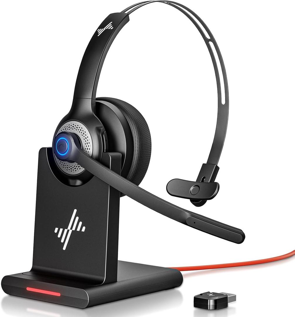 Bluetooth Wireless Headset with Mic for Work, Clear Call, Bluetooth 5.2, Special Charging Base, Mic Mute Function, USB Dongle, Applicable to PC, Laptop, Phone, Android, Zoom, Office