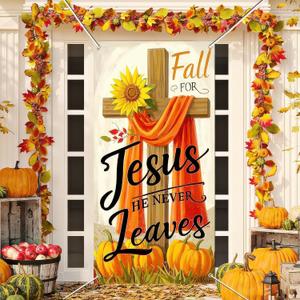 Fall for Jesus Door Cover Thanksgiving Backdrop Pumpkin Cross 71x35 Inch Christian Fall Banner for Religious Autumn Decorations Sign for Porch Wall Decor Photo Booth Props