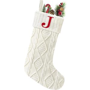 Senneny Christmas Stockings with Initials, 20 Large Embroidered Monogram Knitted Stockings for Family, Kids, Xmas Holiday Party Gifts & Decoration for Fireplace, White, Letter J