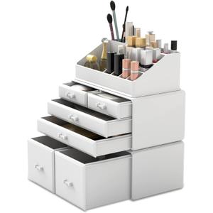 READAEER Makeup Organizer 3 Pieces Cosmetic Storage Case with 6 Drawers (White)