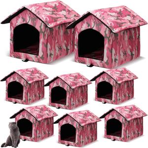 Weysat 8 Pieces Waterproof Stray Cats Shelter Warm Outdoor Cat House Foldable Pet Bed with Tent Stakes Winter Weatherproof Feral Cat Cave for Outside Stray Dog Kennel Wild Animal (Red Camouflage)