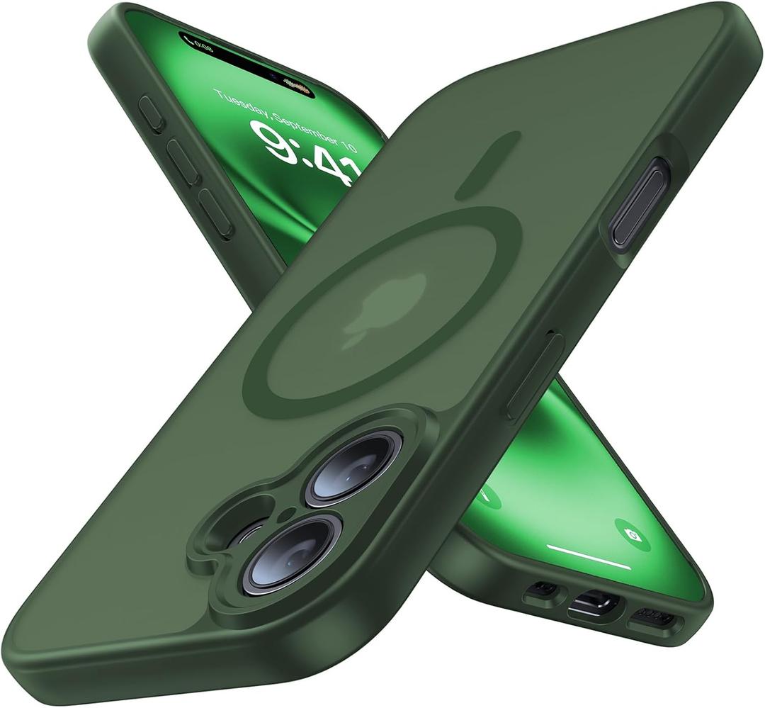 Magnetic for iPhone 16 Case,Upgraded [Full Camera Protection][Compatible with Magsafe][Mil-Grade Protection] Shockproof Slim Anti-Yellow Translucent Matte Phone Case for iPhone 16,Forest Green